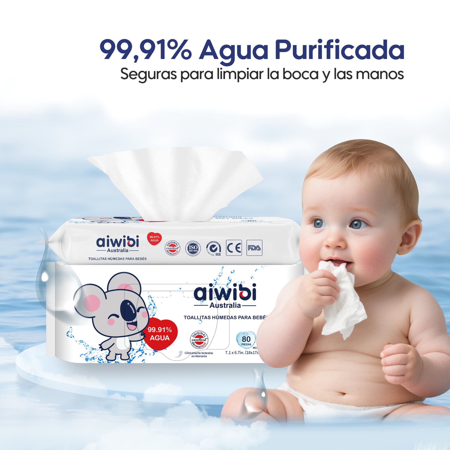 3 Paquetes de Toallitas húmedas para bebés 99,91% de agua / 240 Unidades